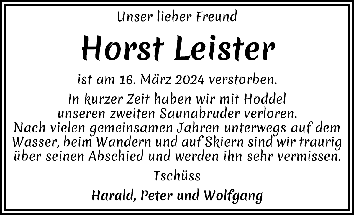 Traueranzeige von Horst Leister von WESER-KURIER