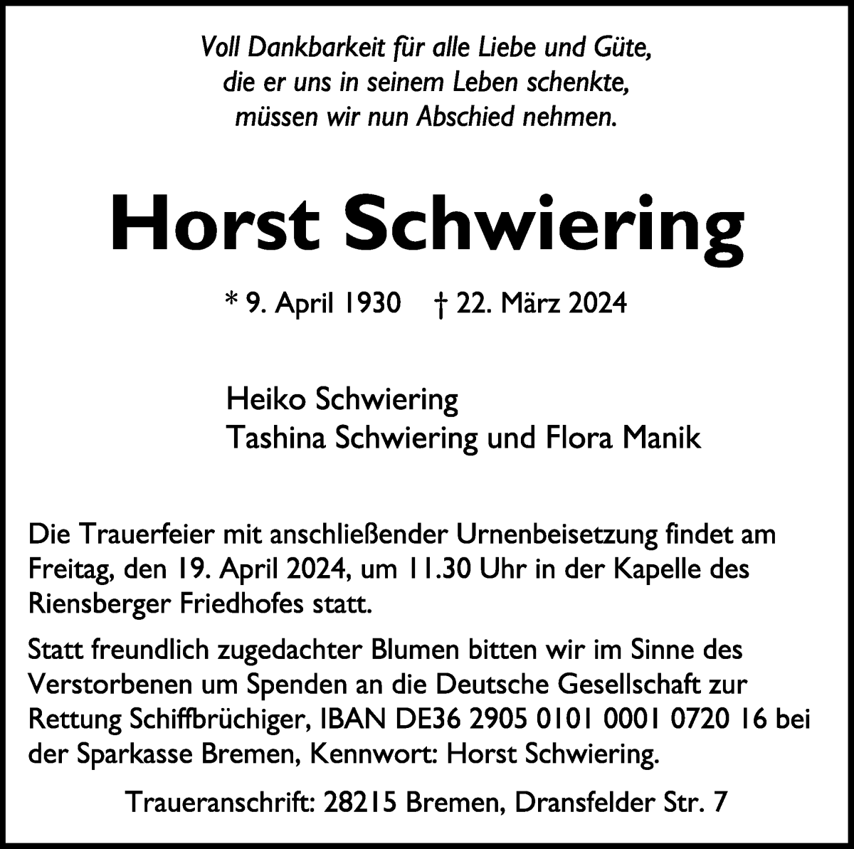 Traueranzeige von Horst Schwiering von WESER-KURIER