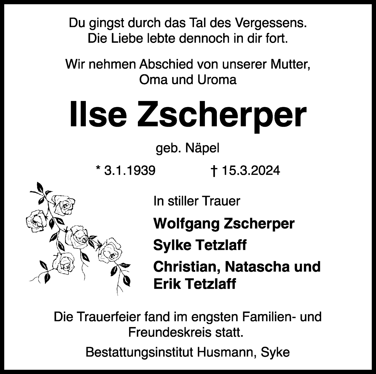 Traueranzeige von Ilse Zscherper von WESER-KURIER