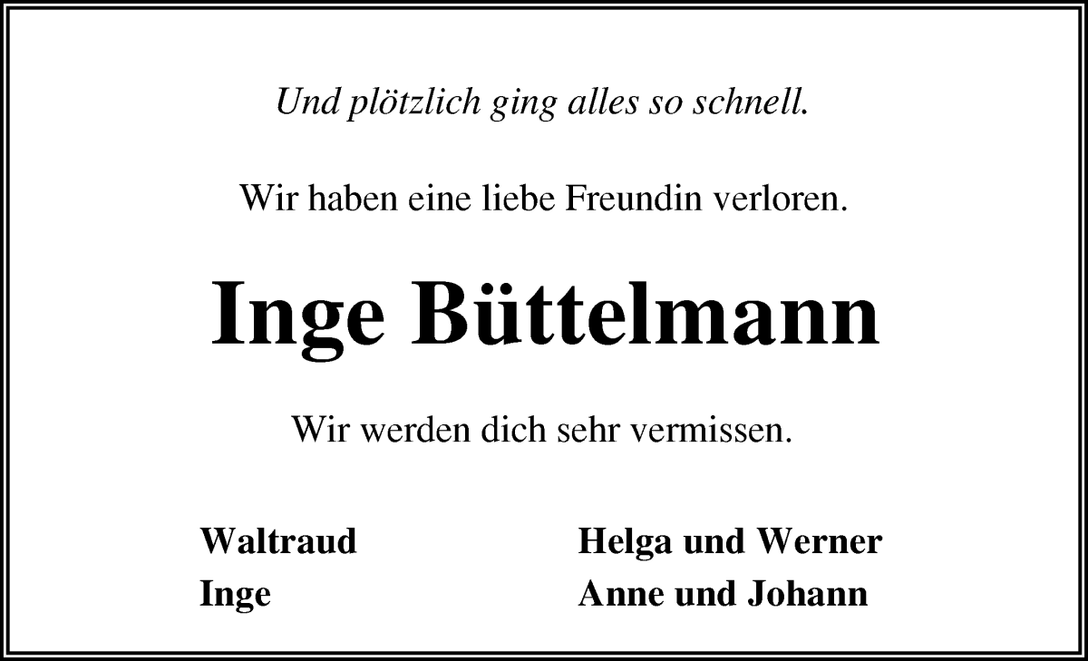 Traueranzeige von Inge Büttelmann von Osterholzer Kreisblatt