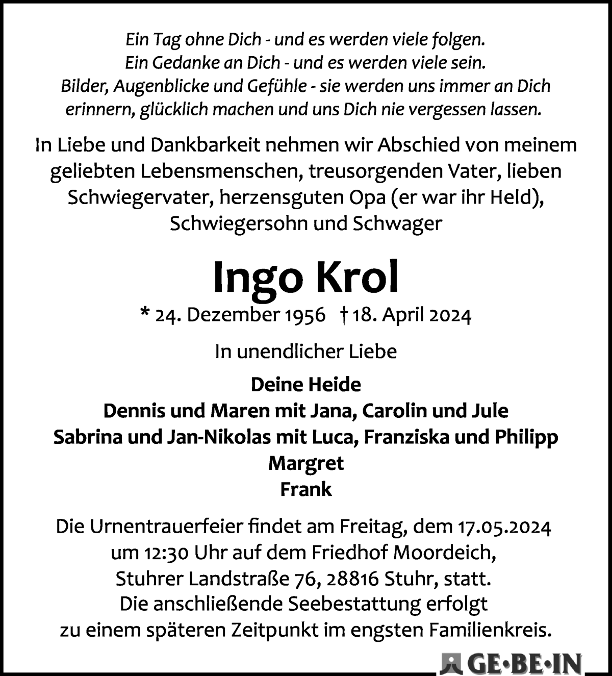  Traueranzeige für Ingo Krol vom 27.04.2024 aus WESER-KURIER