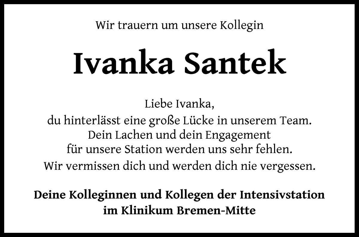  Traueranzeige für Ivanka Santek vom 13.04.2024 aus WESER-KURIER