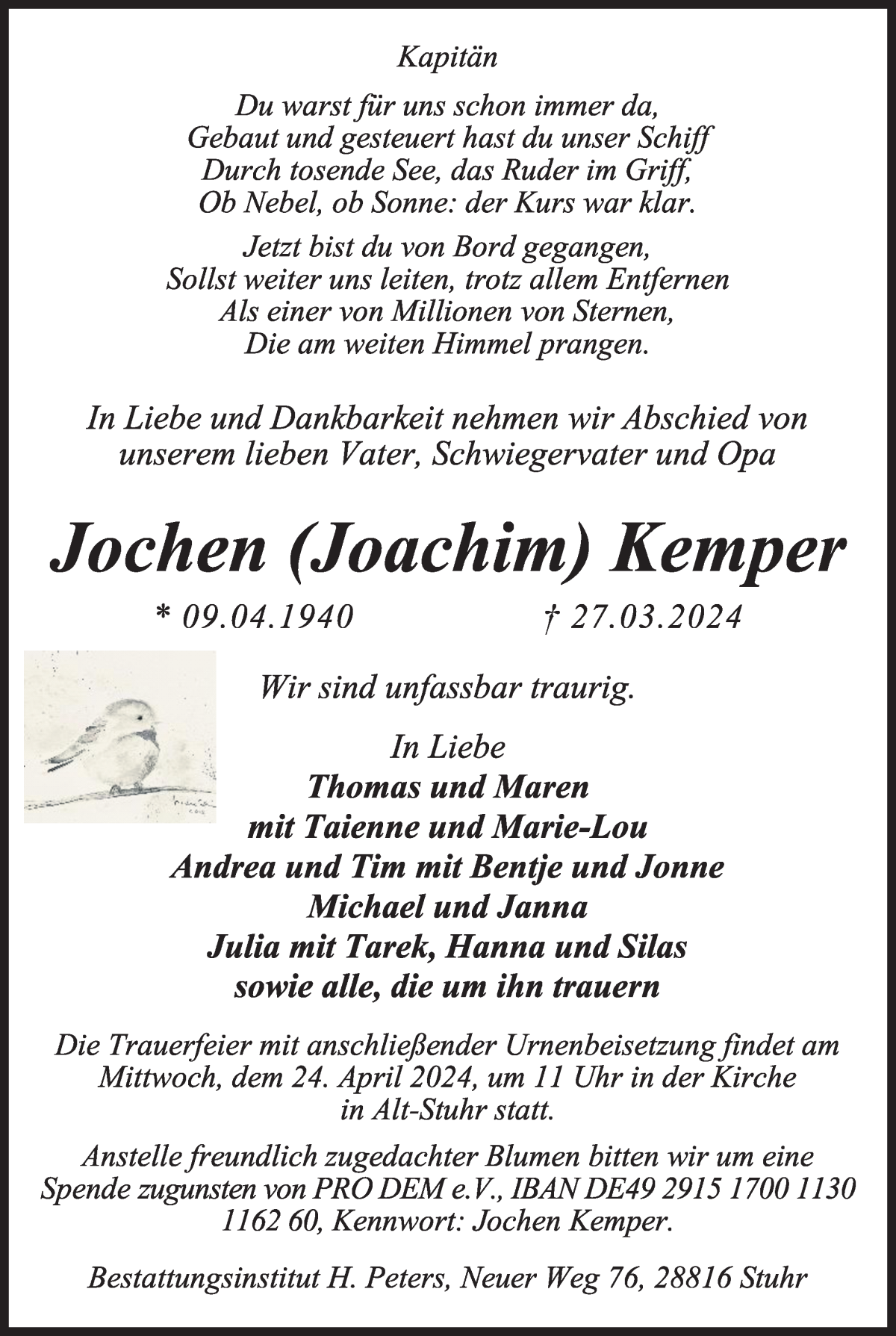 Traueranzeige von Jochen (Joachim) Kemper von WESER-KURIER