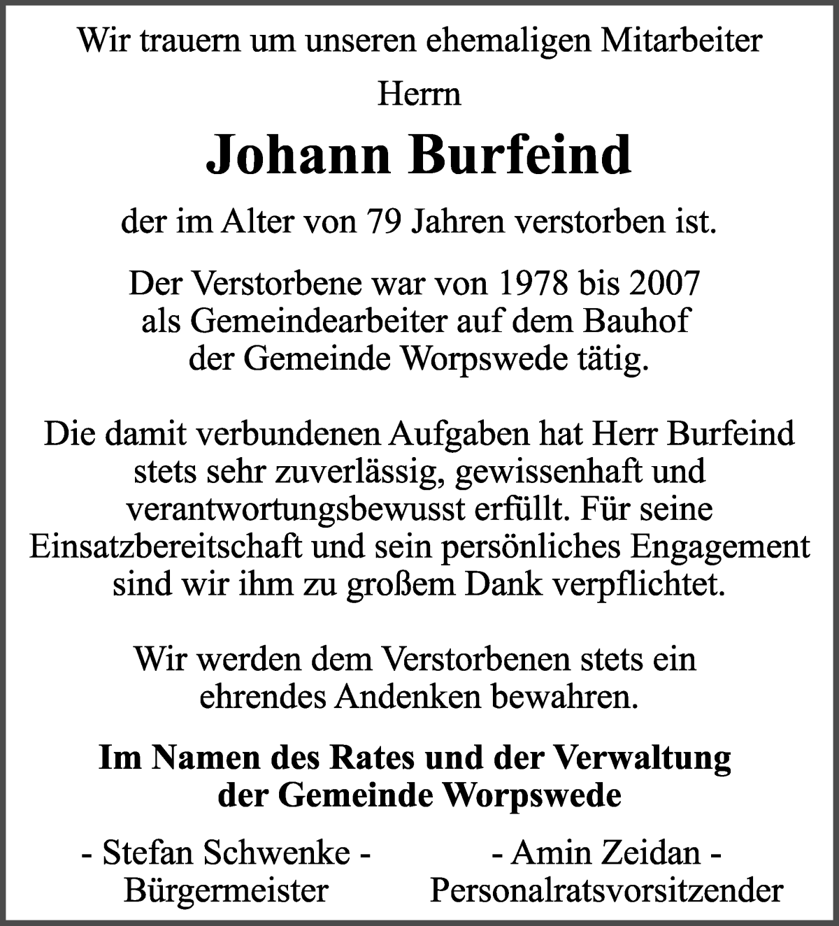 Traueranzeige von Johann Burfeind von Wuemme Zeitung
