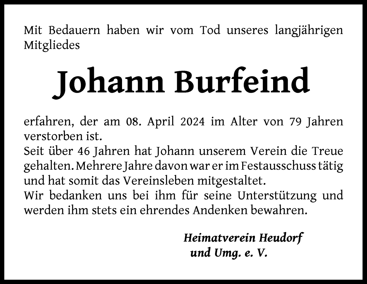 Traueranzeige von Johann Burfeind von Wuemme Zeitung