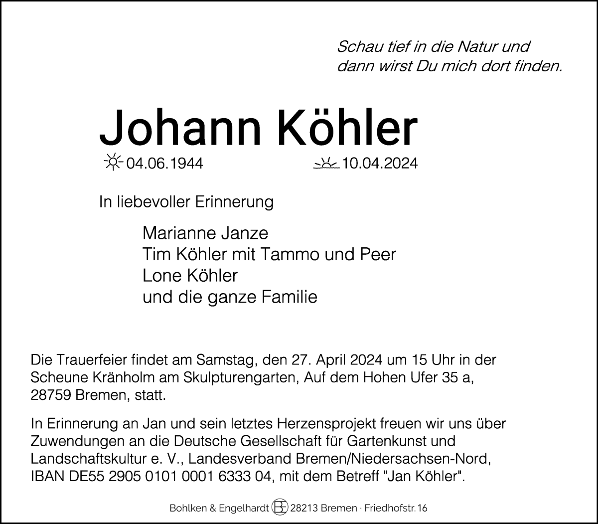 Traueranzeige von Johann Köhler von WESER-KURIER