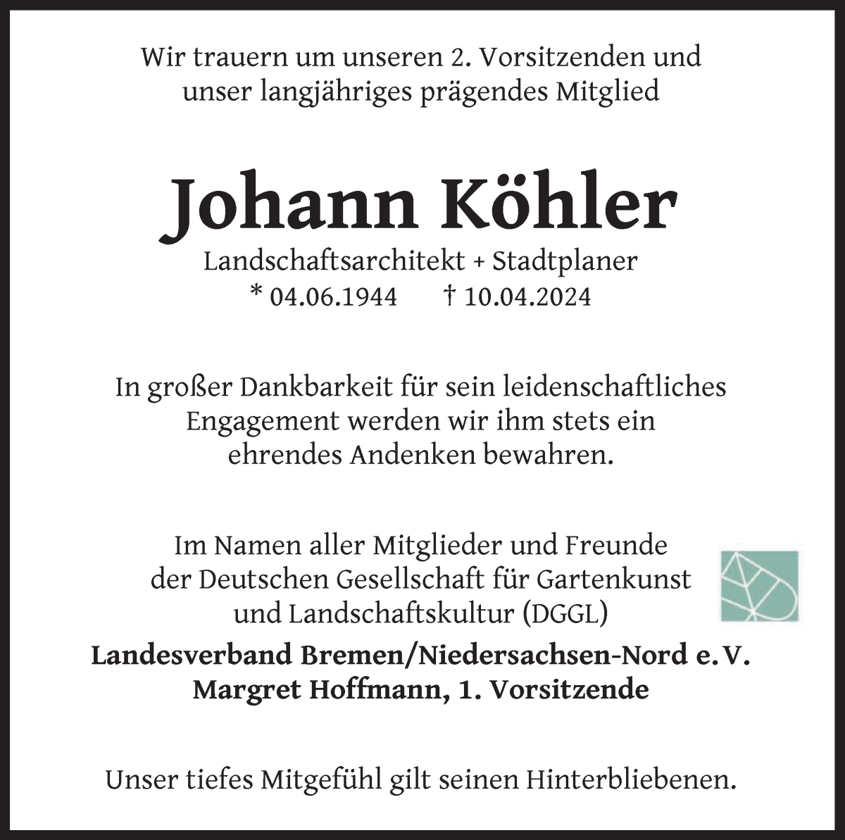 Traueranzeige von Johann Köhler von WESER-KURIER