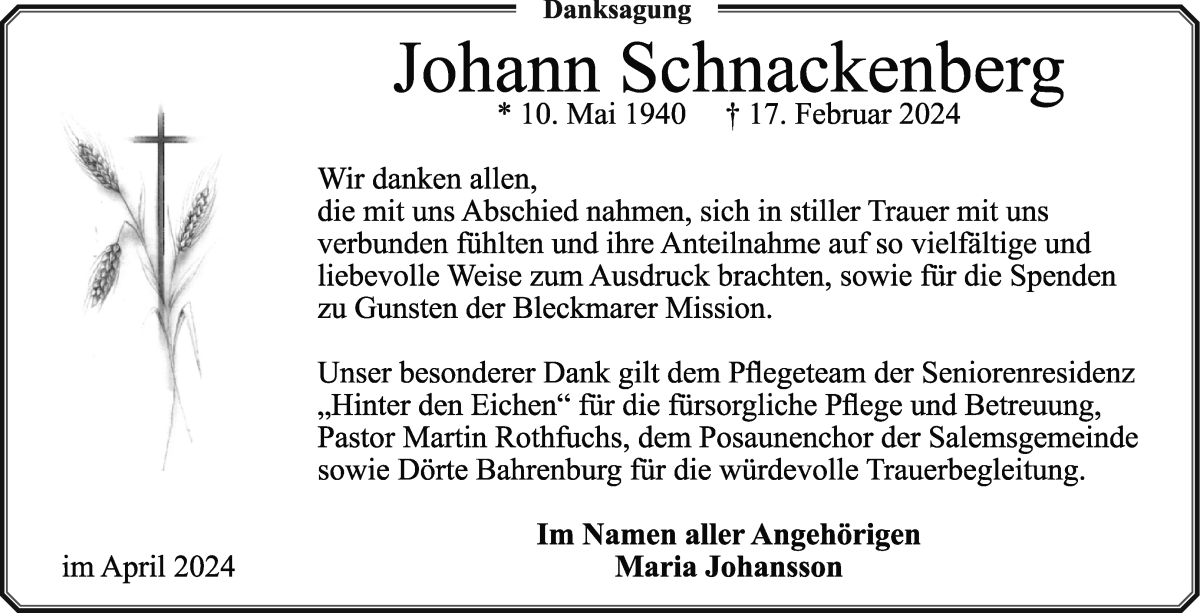 Traueranzeige von Johann Schnackenberg von Wuemme Zeitung