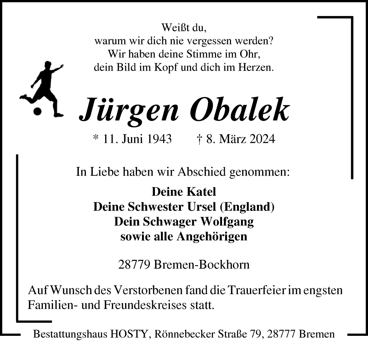 Traueranzeige von Jürgen Obalek von Die Norddeutsche