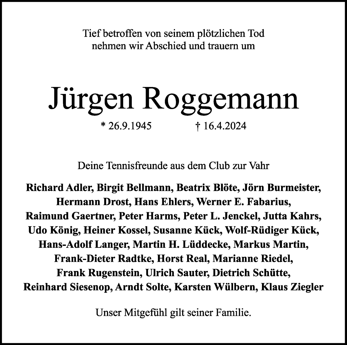 Traueranzeige für Jürgen Roggemann vom 27.04.2024 aus WESER-KURIER