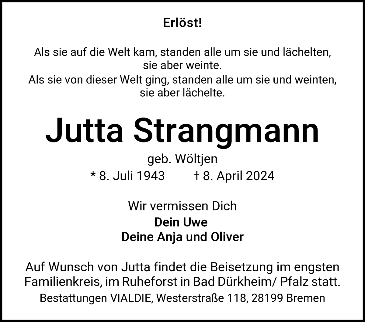 Traueranzeige von Jutta Strangmann von WESER-KURIER