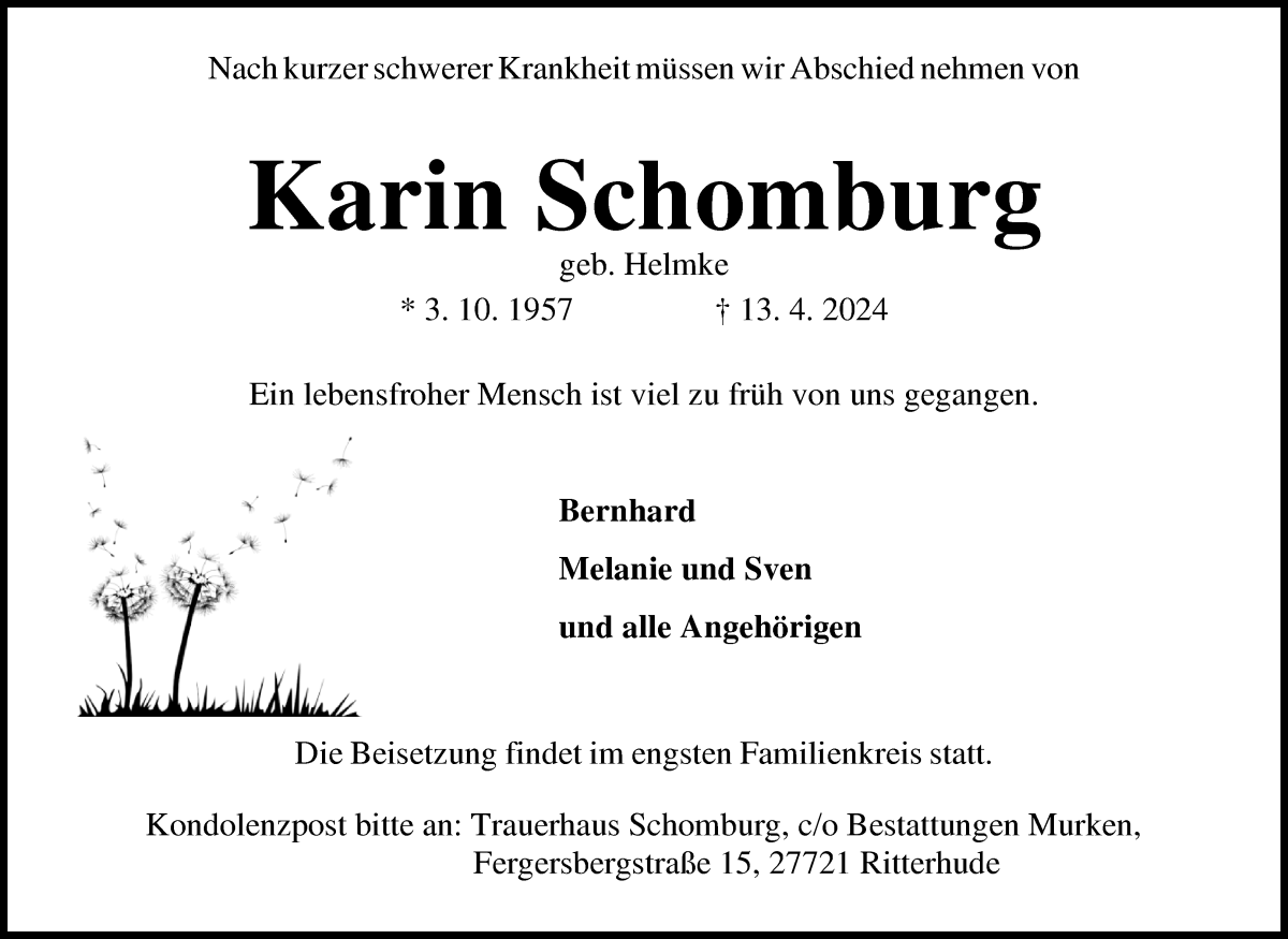  Traueranzeige für Karin Schomburg vom 20.04.2024 aus Osterholzer Kreisblatt