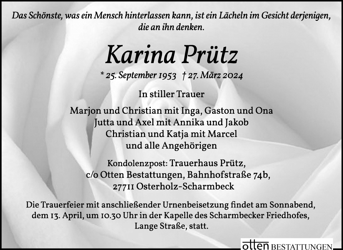 Traueranzeige von Karina Prütz von Osterholzer Kreisblatt