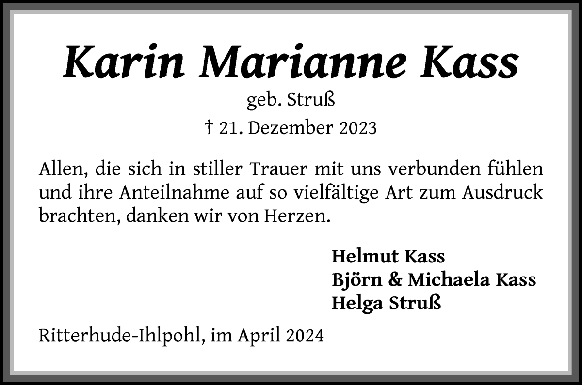 Traueranzeige von Karin Marianne Kass von Osterholzer Kreisblatt