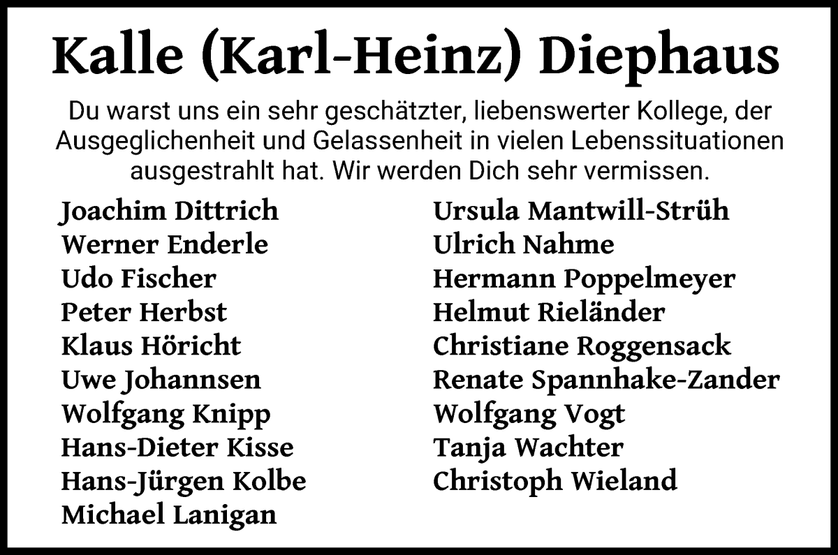 Traueranzeige von Karl-Heinz Diephaus von WESER-KURIER