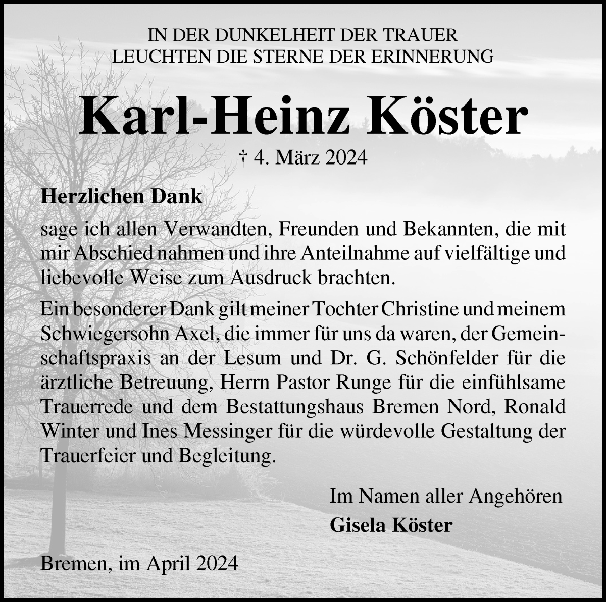 Traueranzeige von Karl-Heinz Köster von Die Norddeutsche
