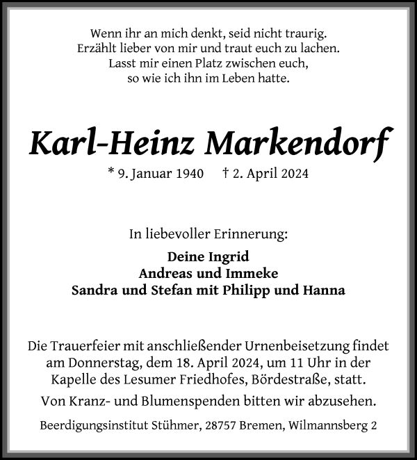 Traueranzeige von Karl-Heinz Markendorf von Die Norddeutsche
