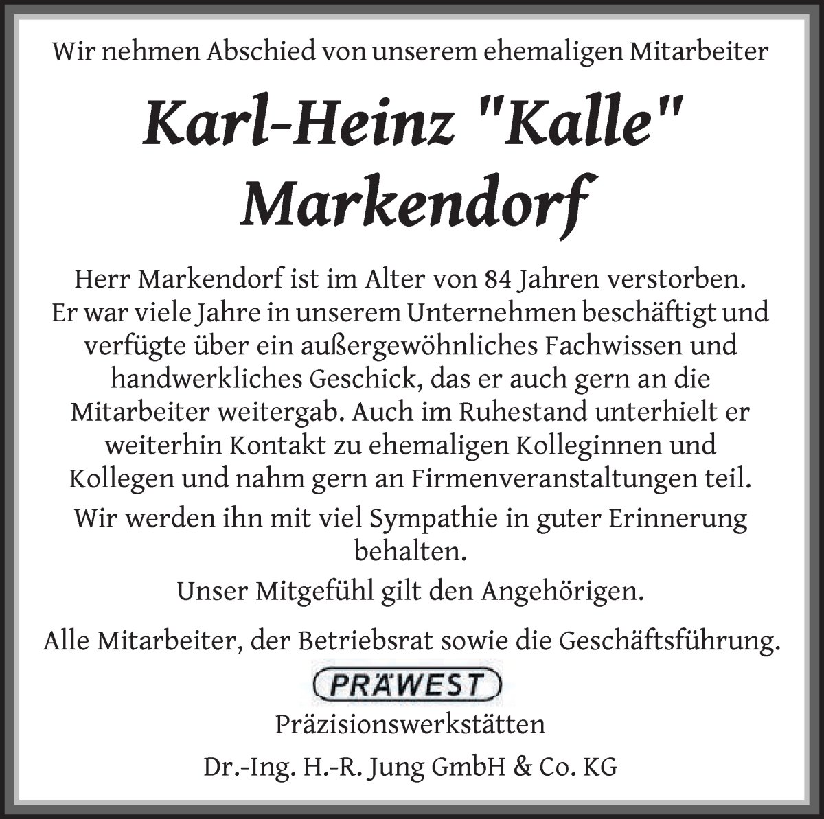 Traueranzeige von Karl-Heinz Markendorf von Die Norddeutsche