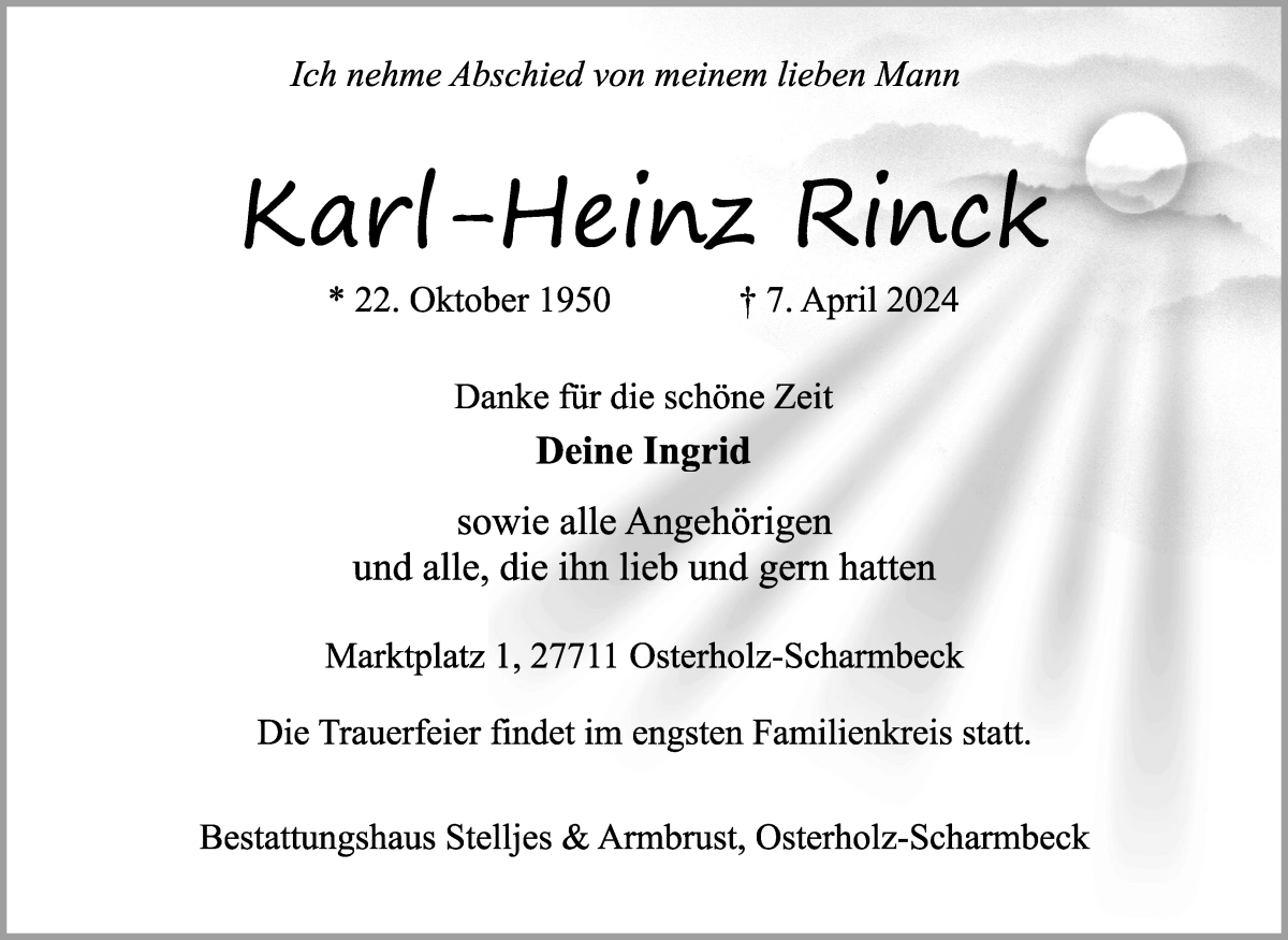  Traueranzeige für Karl-Heinz Rinck vom 13.04.2024 aus Osterholzer Kreisblatt