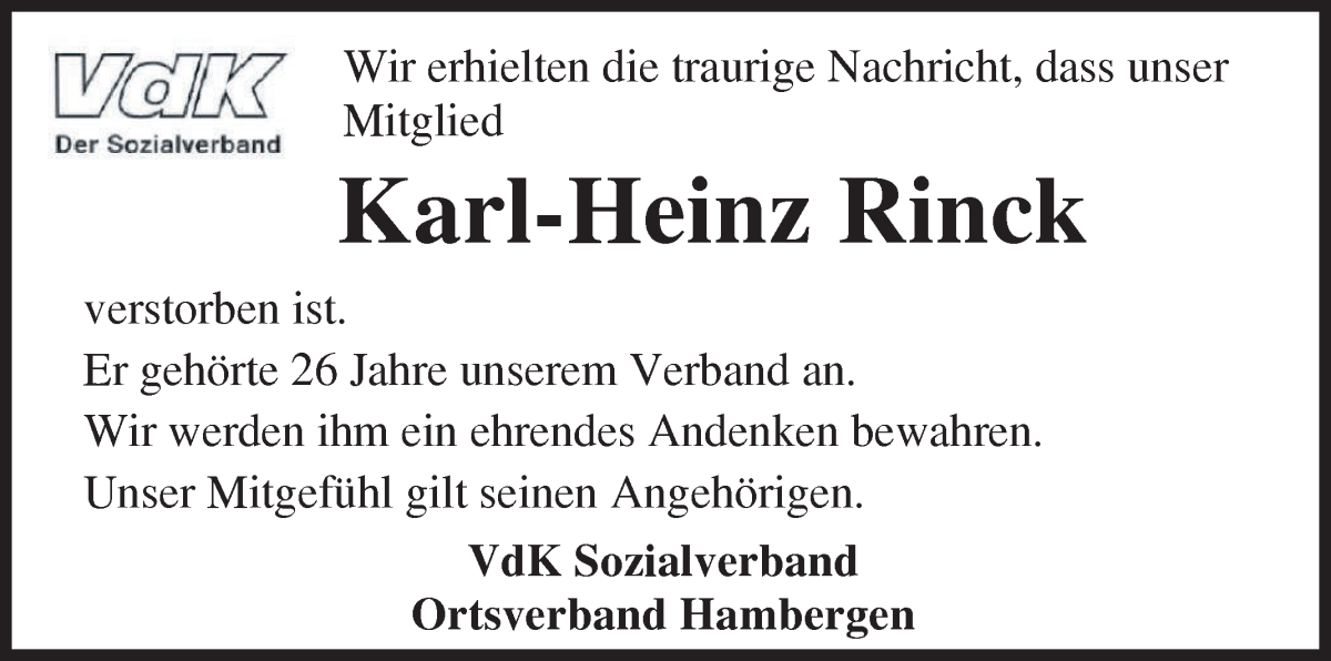 Traueranzeige von Karl-Heinz Rinck von Osterholzer Kreisblatt
