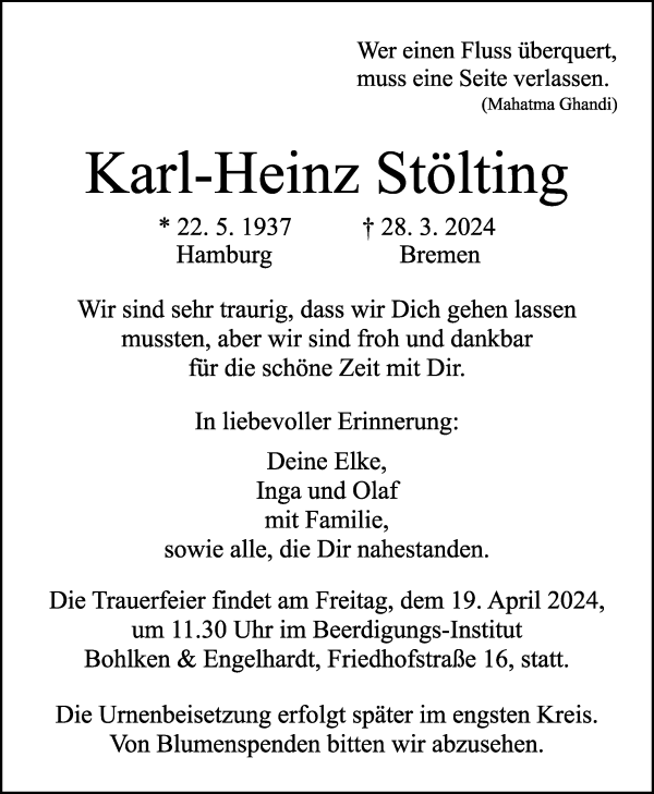 Traueranzeige von Karl-Heinz Stölting