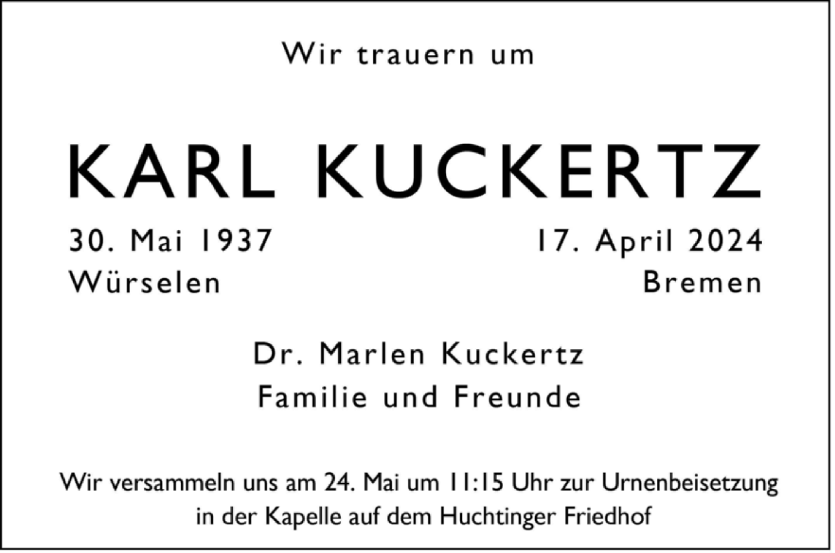 Traueranzeige von Karl Kuckertz von WESER-KURIER