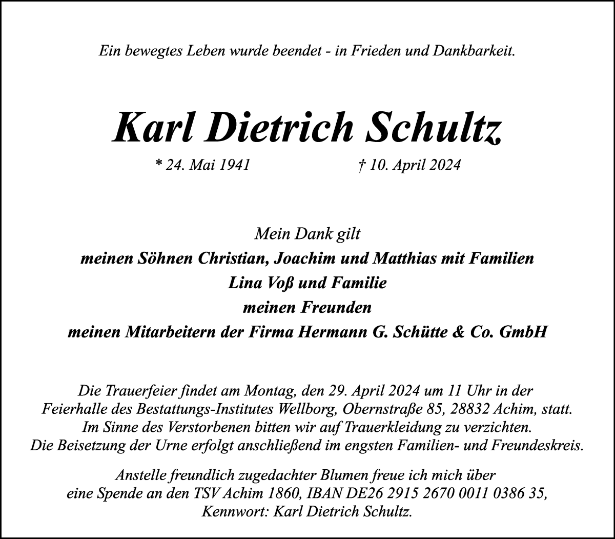 Traueranzeige von Karl Dietrich Schultz von WESER-KURIER