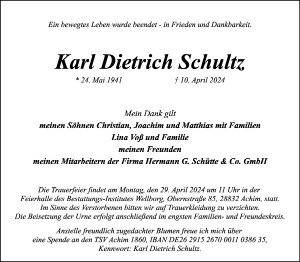 Traueranzeige von Karl Dietrich Schultz von WESER-KURIER