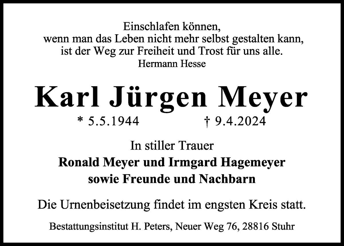 Traueranzeige von Karl Jürgen Meyer von WESER-KURIER