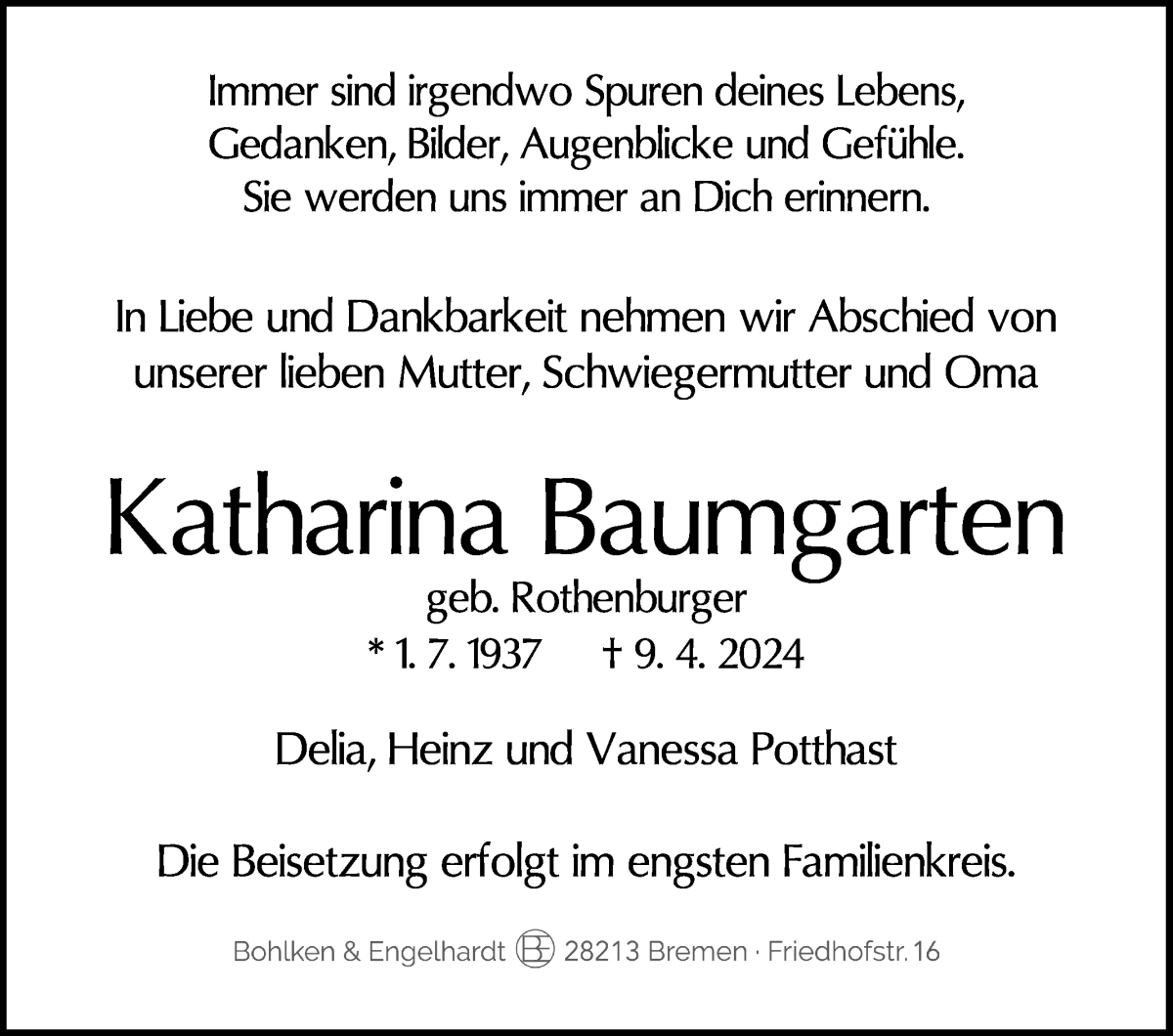Traueranzeige von Katharina Baumgarten von WESER-KURIER