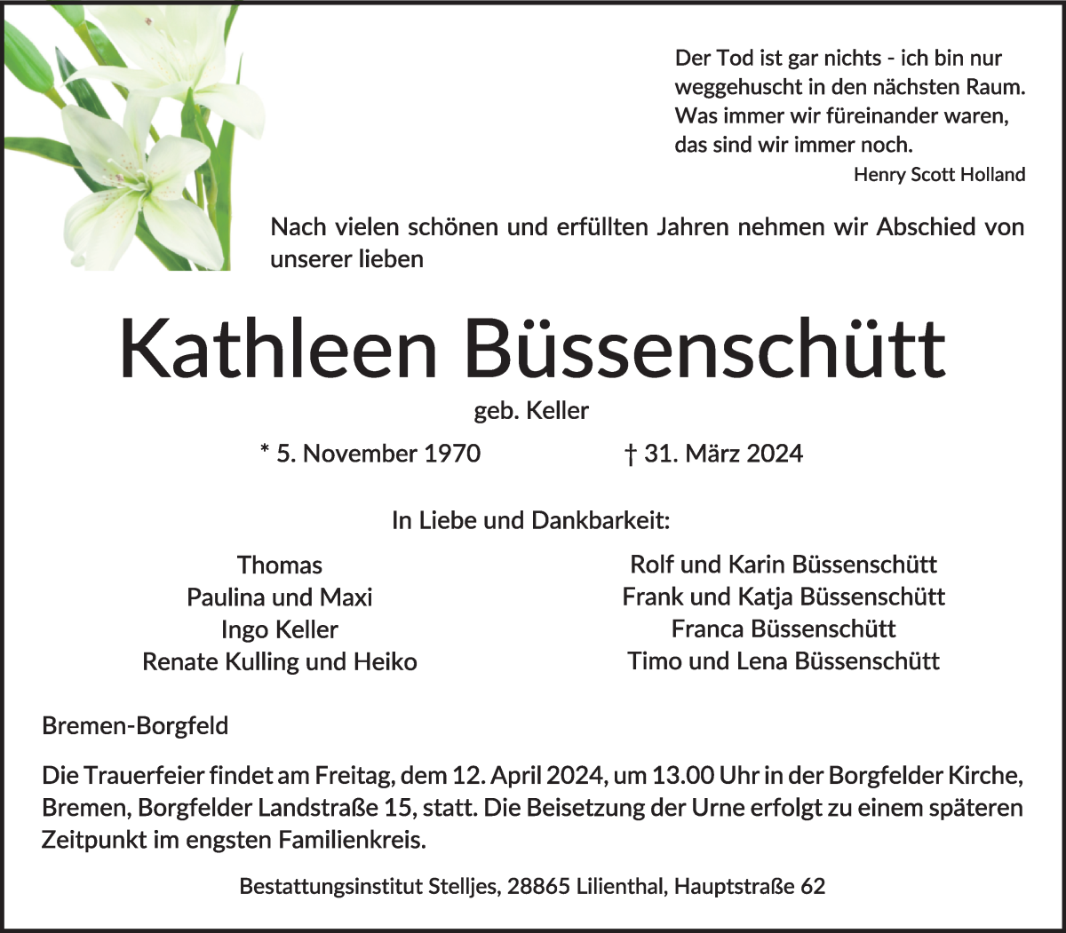  Traueranzeige für Kathleen Büssenschütt vom 06.04.2024 aus WESER-KURIER