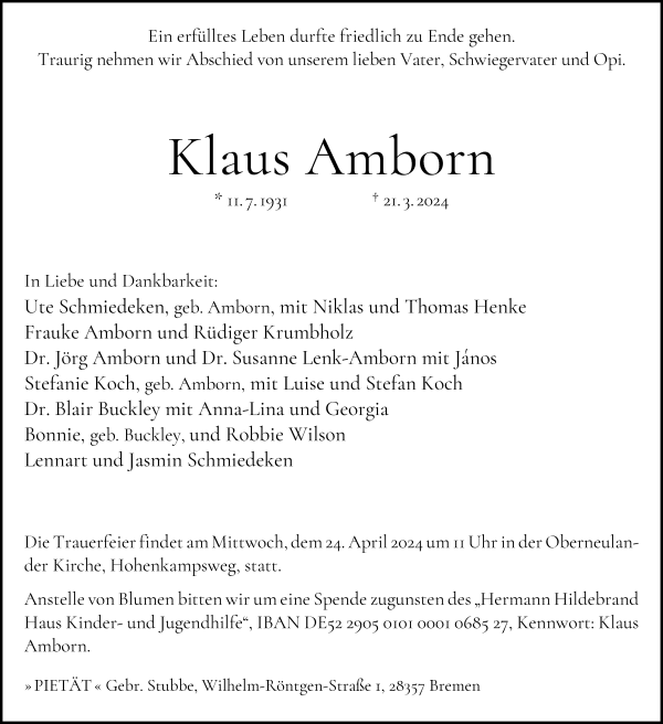 Traueranzeige von Klaus Amborn von WESER-KURIER