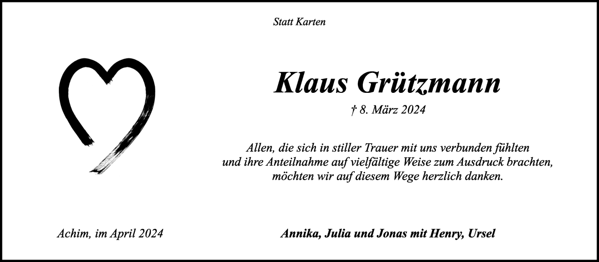 Traueranzeige von Klaus Grützmann von WESER-KURIER