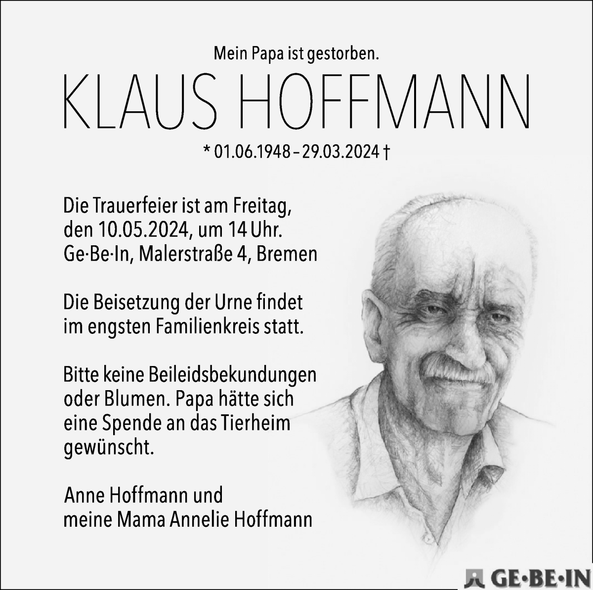  Traueranzeige für Klaus Hoffmann vom 17.04.2024 aus WESER-KURIER