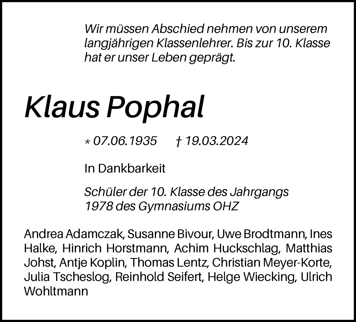 Traueranzeige von Klaus Pophal von Osterholzer Kreisblatt