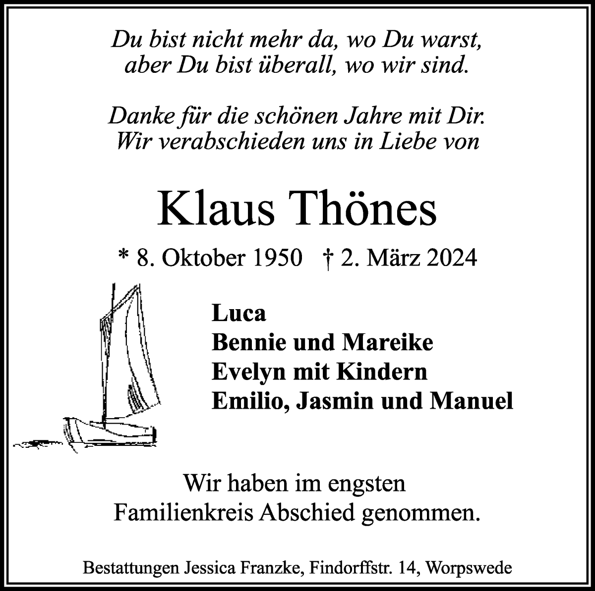 Traueranzeige von Klaus Thönes von Wuemme Zeitung