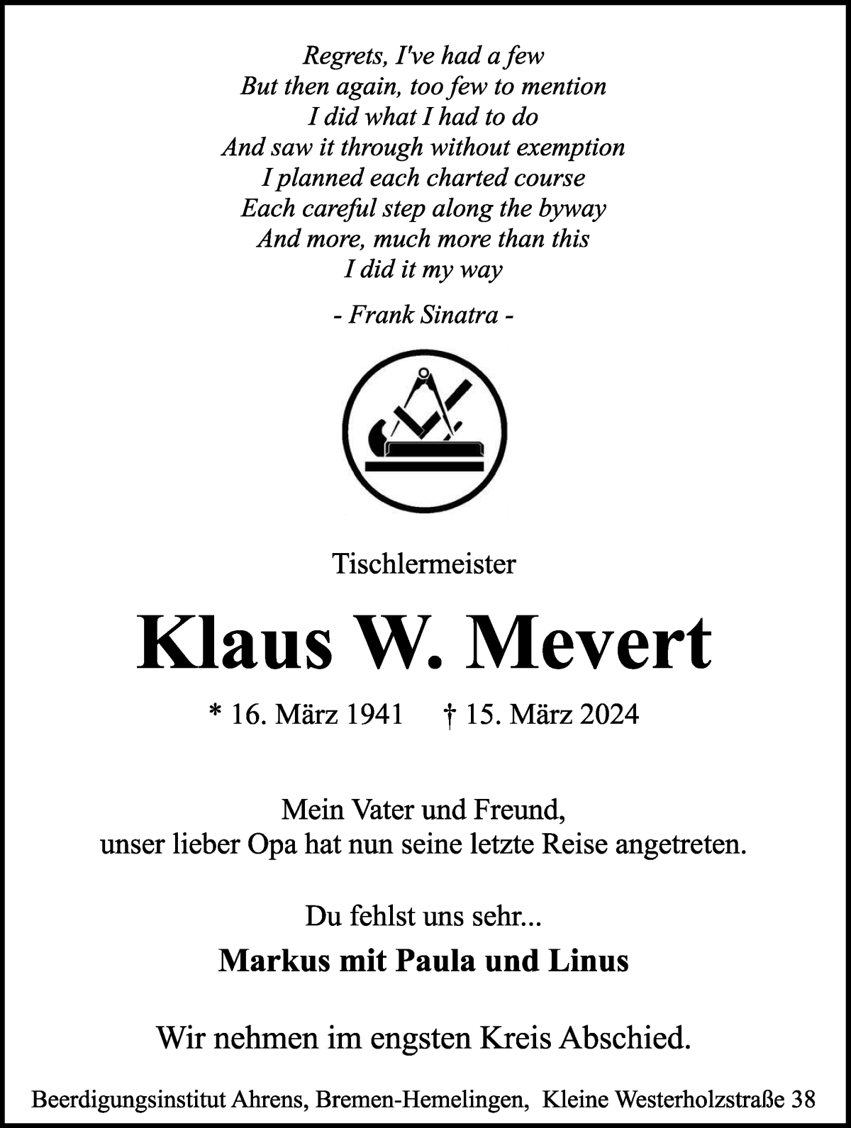 Traueranzeige von Klaus W. Mevert von WESER-KURIER