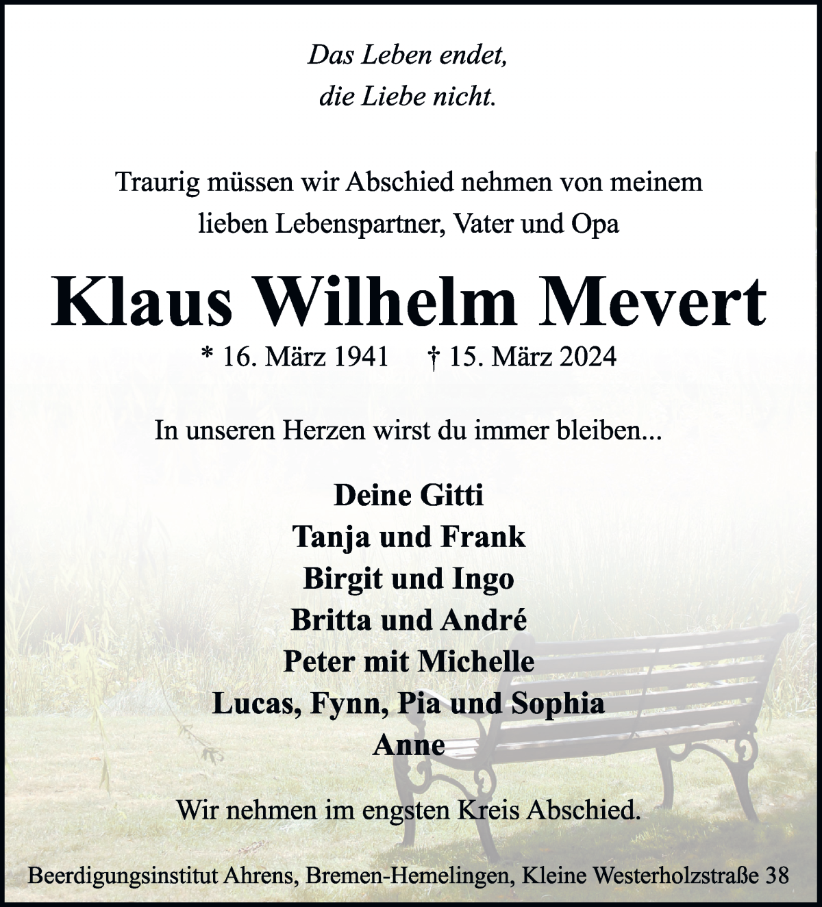Traueranzeige von Klaus Wilhelm Mevert von WESER-KURIER