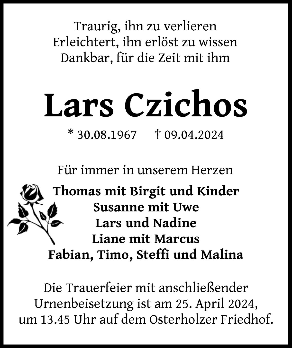 Traueranzeige für Lars Czichos vom 20.04.2024 aus WESER-KURIER
