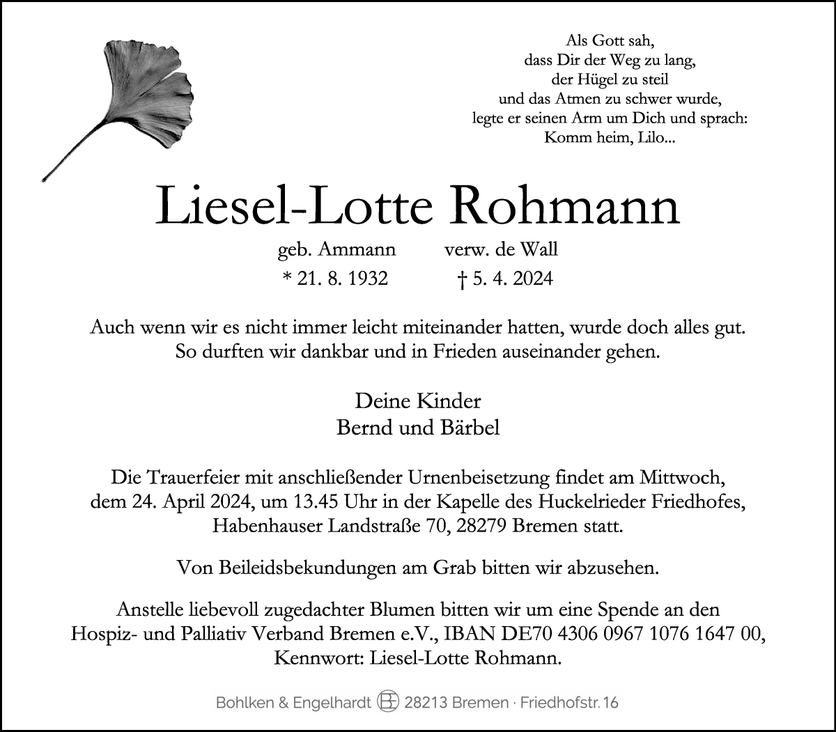Traueranzeige von Liesel-Lotte Rohmann von WESER-KURIER