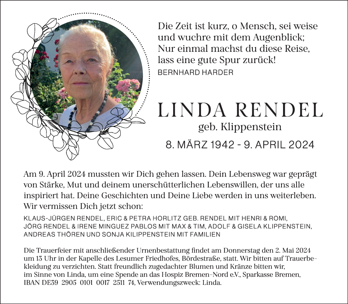 Traueranzeige von Linda Rendel von Die Norddeutsche