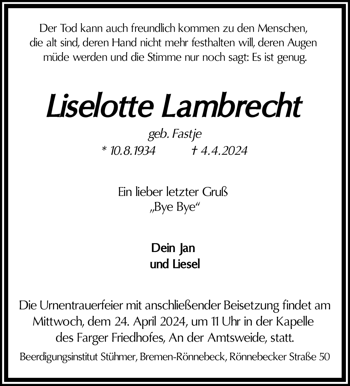 Traueranzeige von Liselotte Lambrecht von Die Norddeutsche