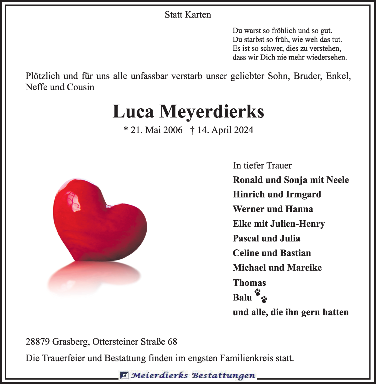  Traueranzeige für Luca Meyerdierks vom 20.04.2024 aus Wuemme Zeitung
