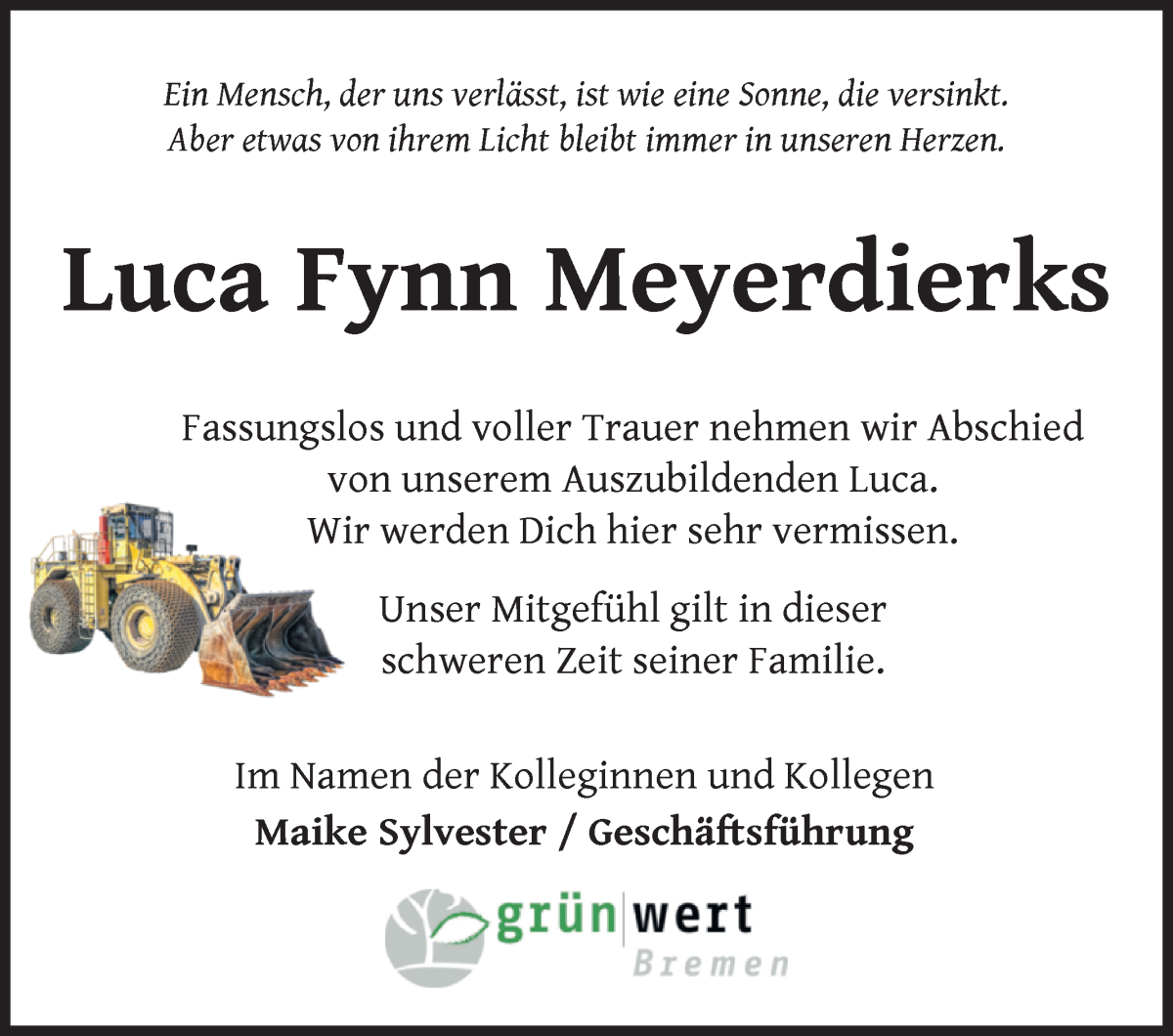 Traueranzeige von Luca Fynn Meyerdierks von Wuemme Zeitung