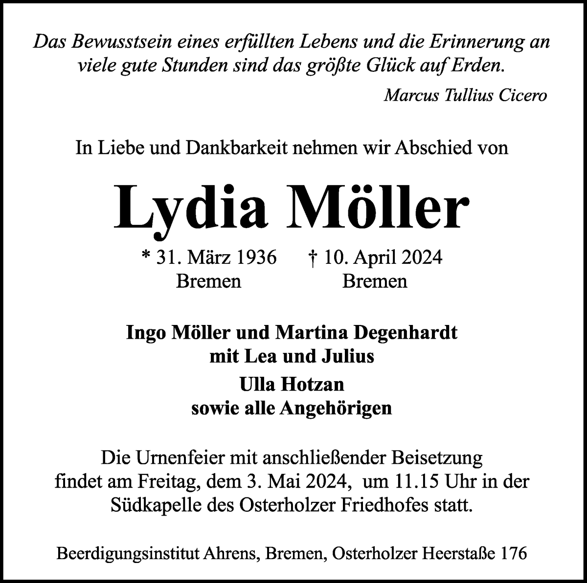 Traueranzeige von Lydia Möller von WESER-KURIER