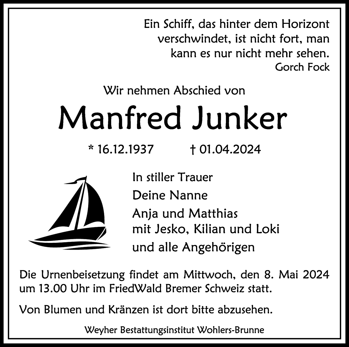 Traueranzeige von Manfred Junker von WESER-KURIER