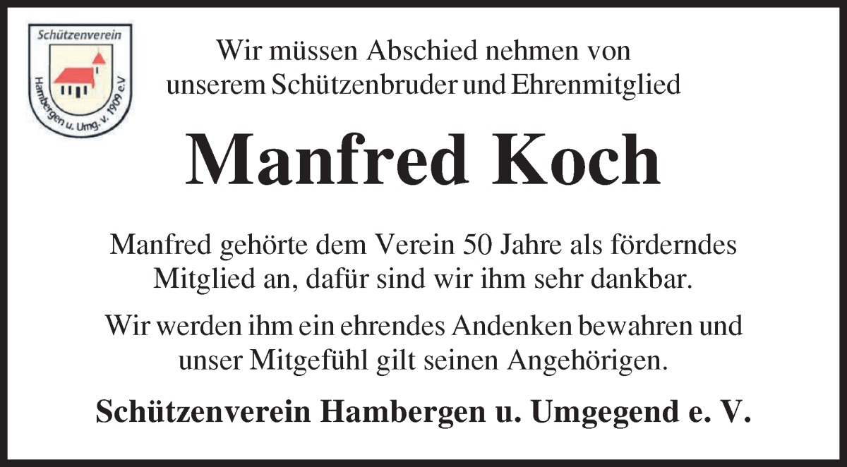 Traueranzeige von Manfred Koch von Osterholzer Kreisblatt