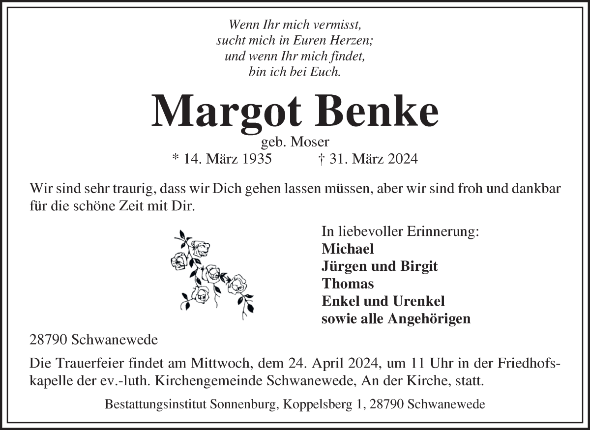 Traueranzeige von Margot Benke von Die Norddeutsche