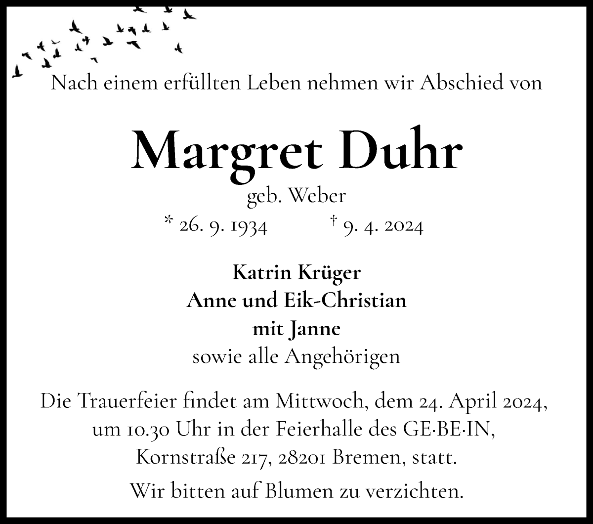 Traueranzeige von Margret Duhr von WESER-KURIER