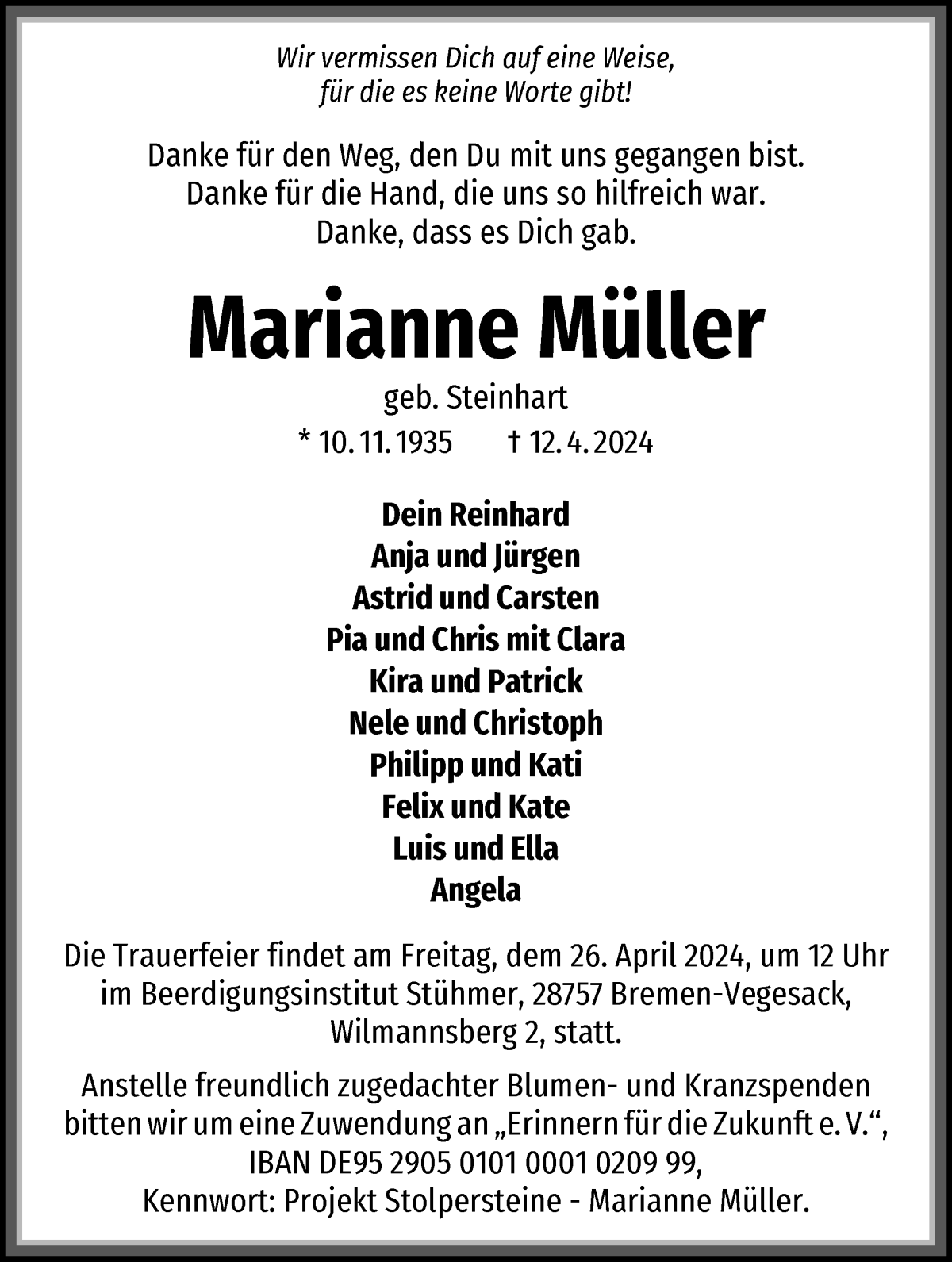 Traueranzeige von Marianne Müller von WESER-KURIER
